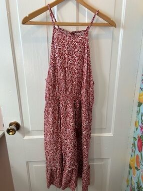 Red Floral Midi Dress with Spaghetti Straps